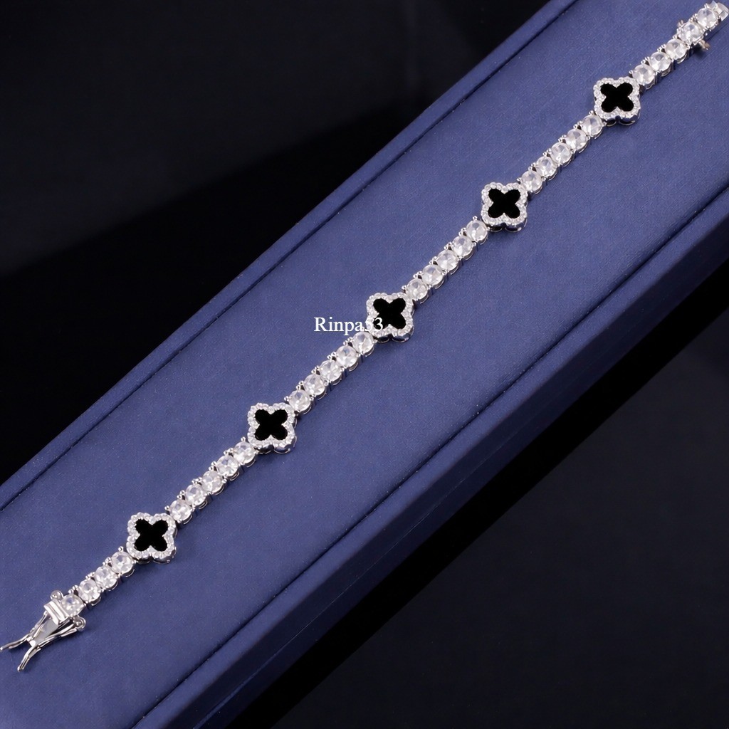 5 CT Lab Created Diamond Black Onyx Clover 925 Sterling Silver Tennis Bracelet
