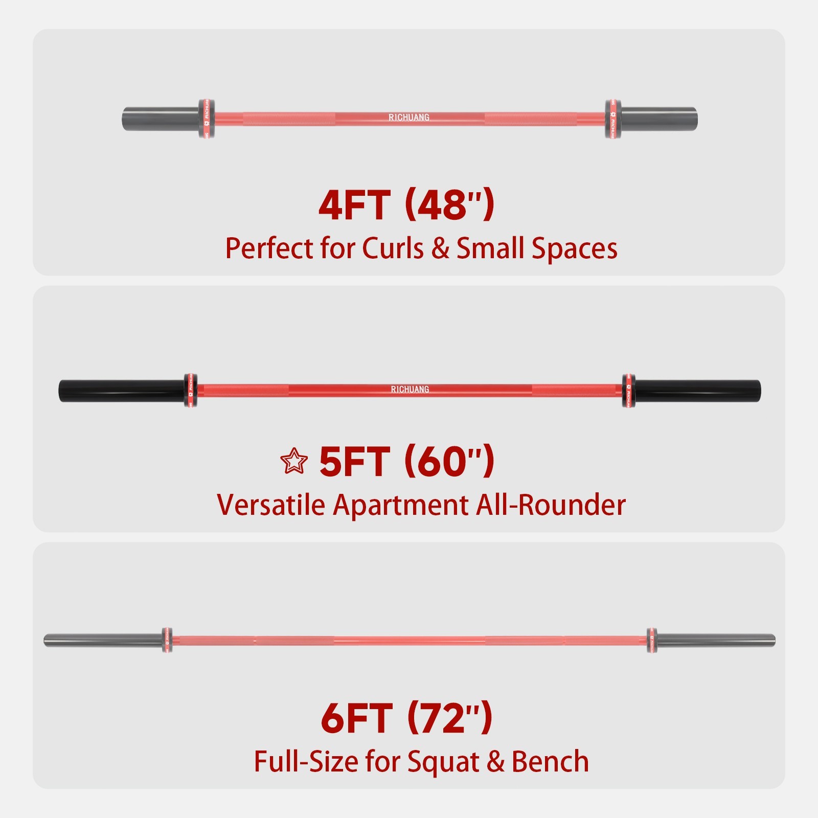 RICHUANG 5FT Olympic Barbell 28mm 2" Weight Bar 500LB Capacity A3 Steel for Gym
