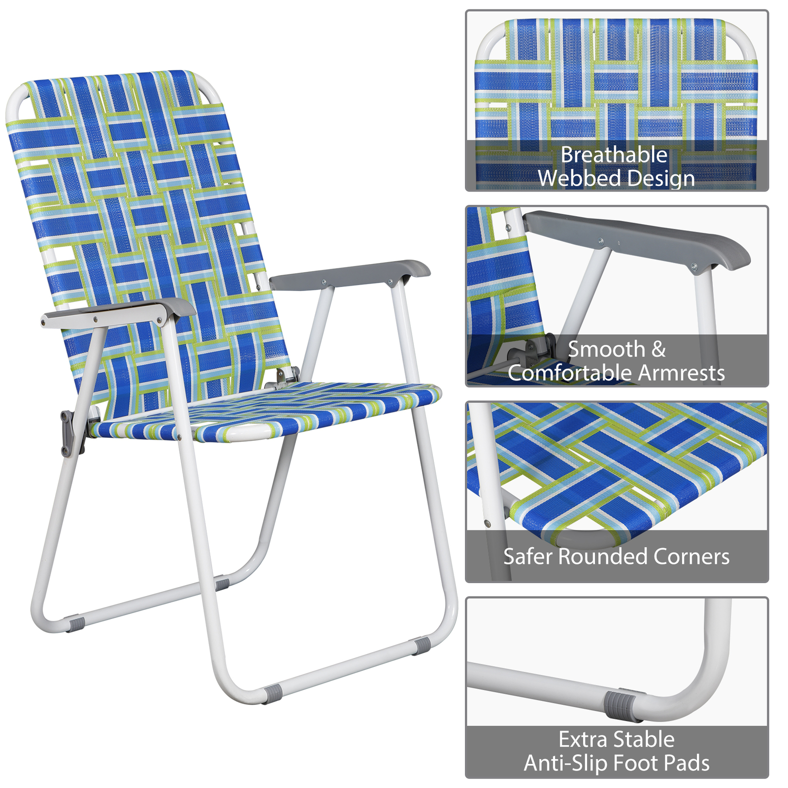 Metal Frame Blue Beach Chairs Set of 2 Webbed Folding Patio Lawn Camping Chairs