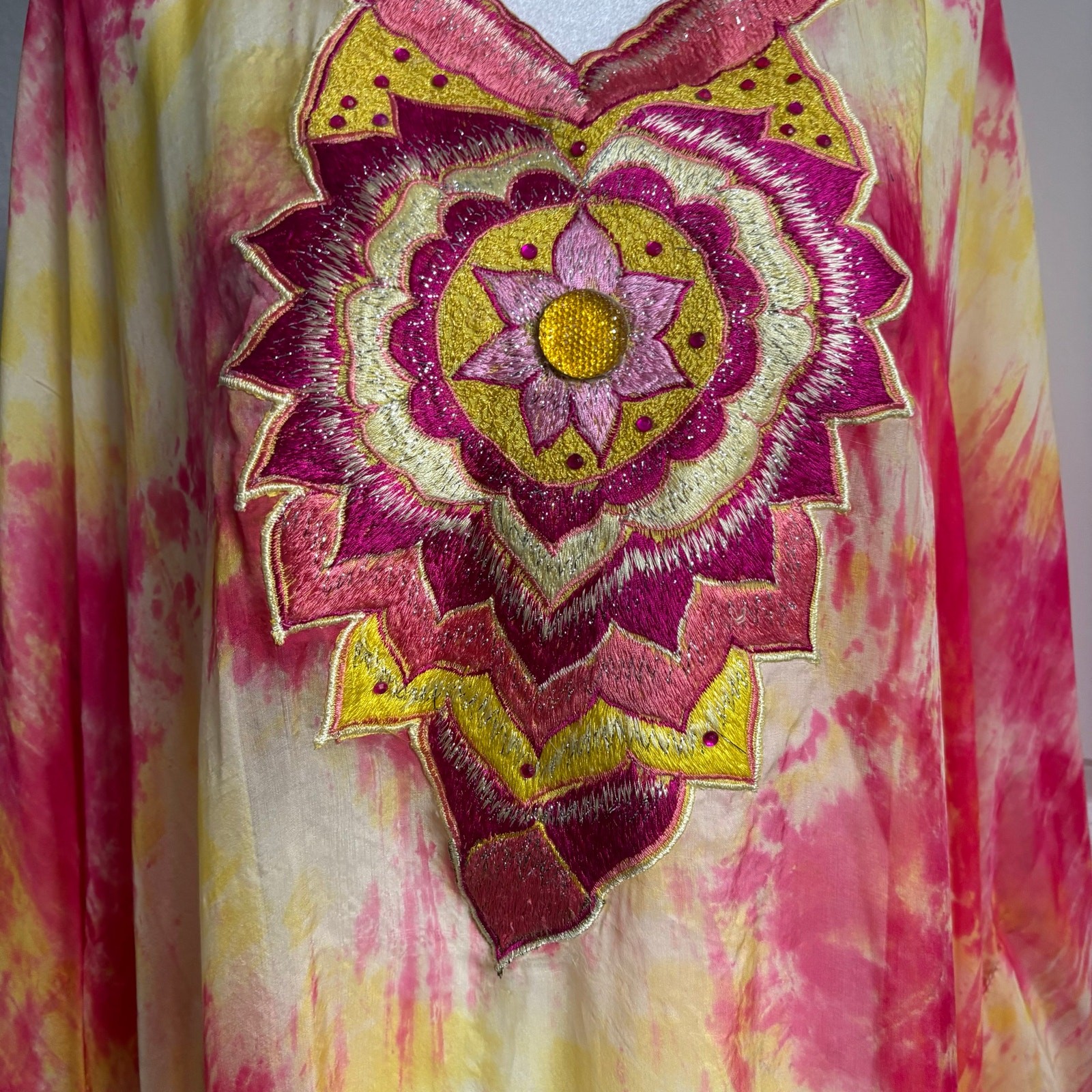 Stunning Silk Women’s Tie Dye Multicolor Kaftan Boho Ethereal Coverup OS