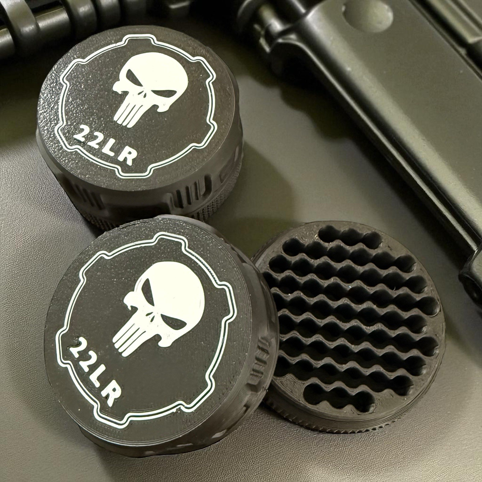 2 Pack 22 LR Mini Ammo Box Storage Case Holds 110 Rounds Screw On Lid Punisher