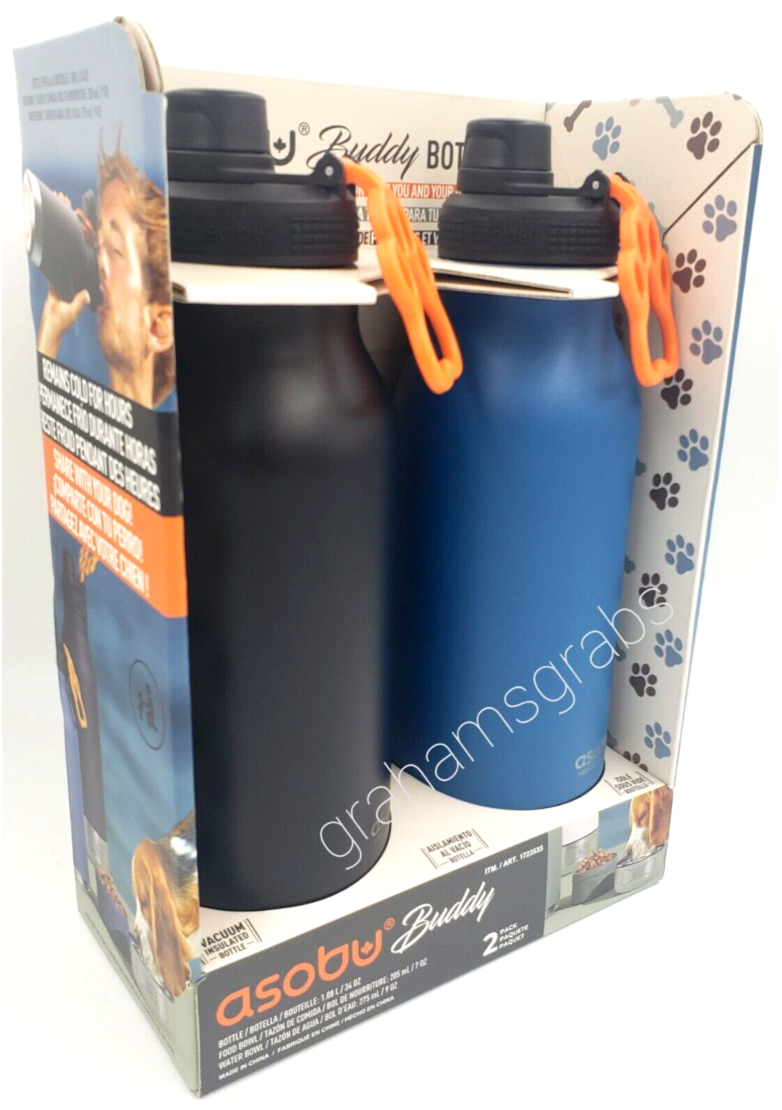 ASOBU BUDDY VACUUM INSULATED 34 oz WATER BOTTLE + DOG FOOD & WATER BOWL 2 PACK