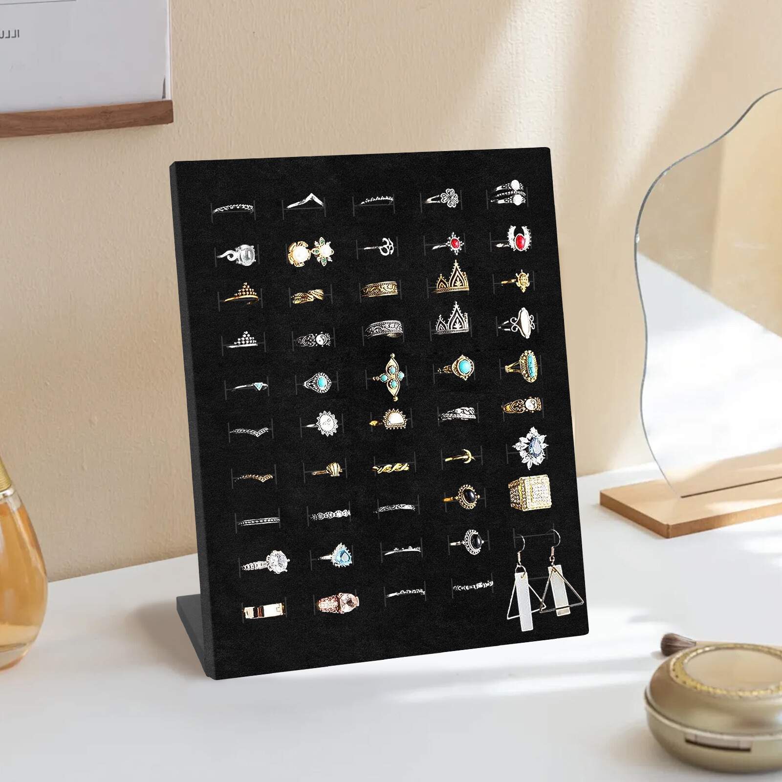 Velvet Ring Display Stand, 50 Slots L-Shaped Jewelry Holder Showcase Organizer