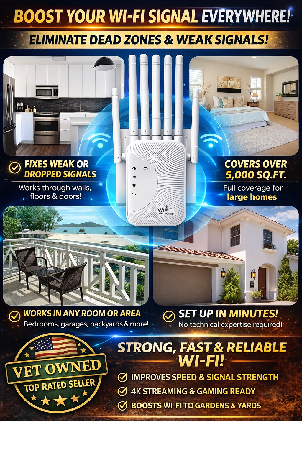 1200Mbps WiFi Extender – Dual Band 2.4G/5G Signal Booster w/ Ethernet