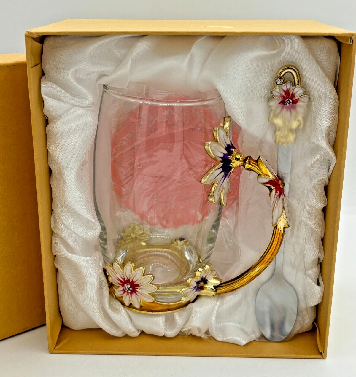 Luxury Glass 12oz Teacup Set Enamel Flower Handle and Base With Teaspoon Coaster