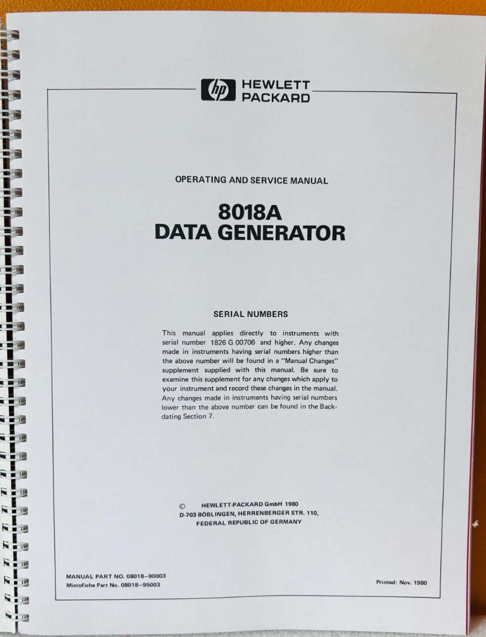 HP 08018-90003 1980 Model 8018A Data Generator Operating & Service Manual.