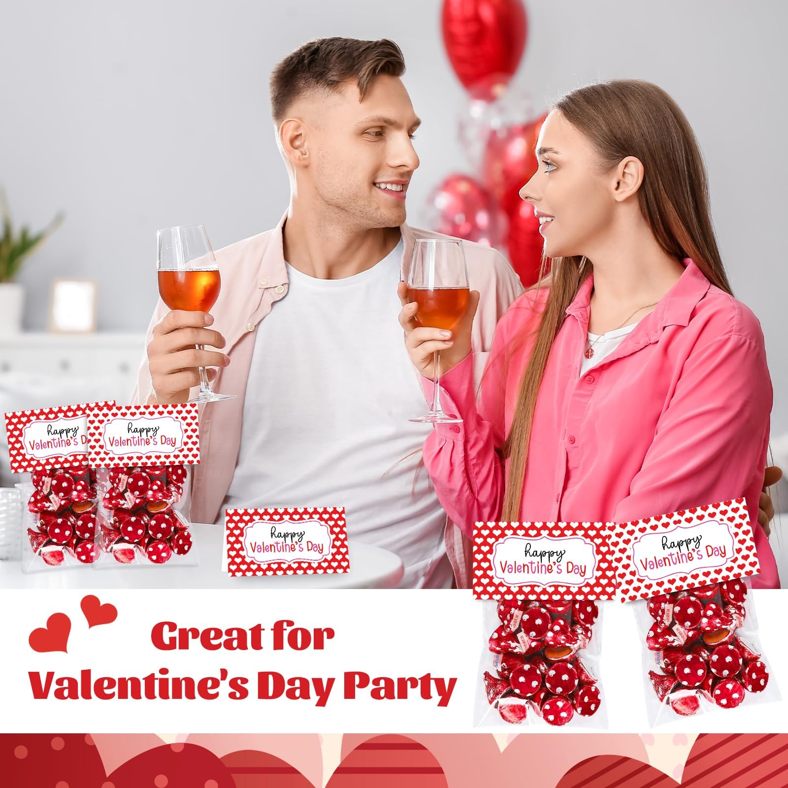 60 Set Valentine's Day Self-Adhesive Goodie Bags Candy Cello Bag with Topper Red