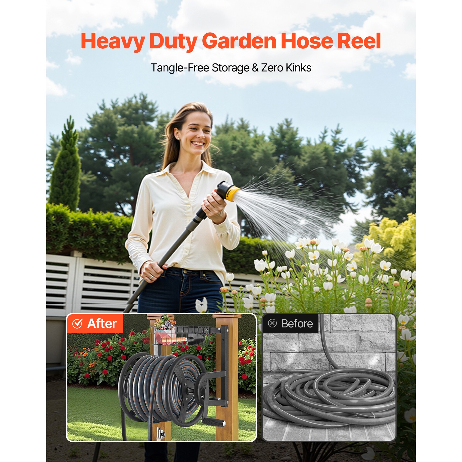 Wall Mounted Garden Hose Reel 125ft 5/8 in Hose Holder Brass Fitting & Basket