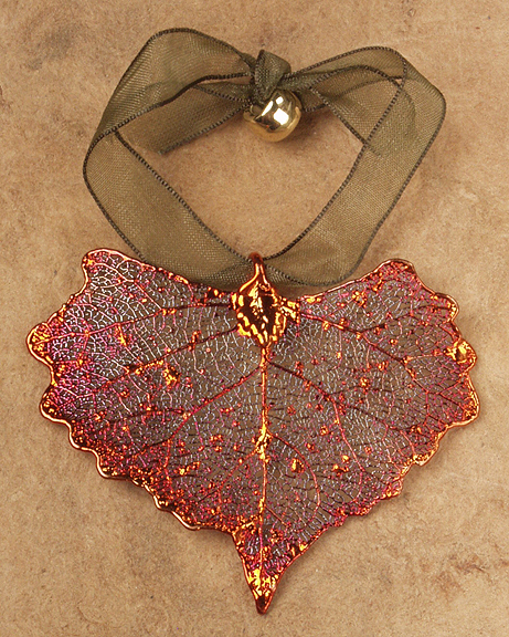 Leaf Ornament, Copper Dipped Cottonwood, Real Leaves, Sliding Tie, 2.50 Inch