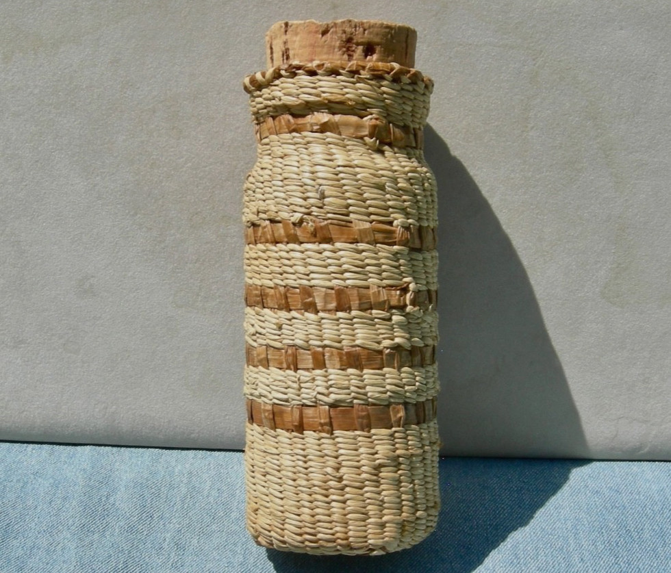 antique PACIFIC NW NATIVE AMERICAN NOOTKA,  MAKAH HANDMADE BASKETRY GLASS JAR