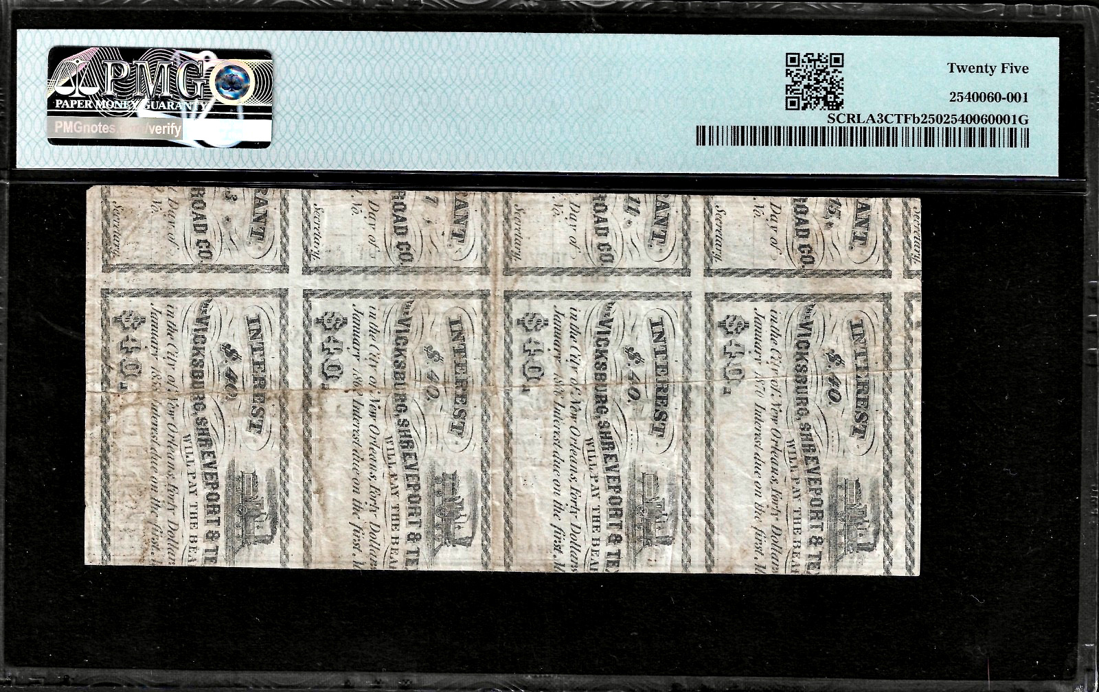 Jan 1862 Monroe Louisiana Vicksburg Shreveport & Texas Railroad $3 Note PMG VF25