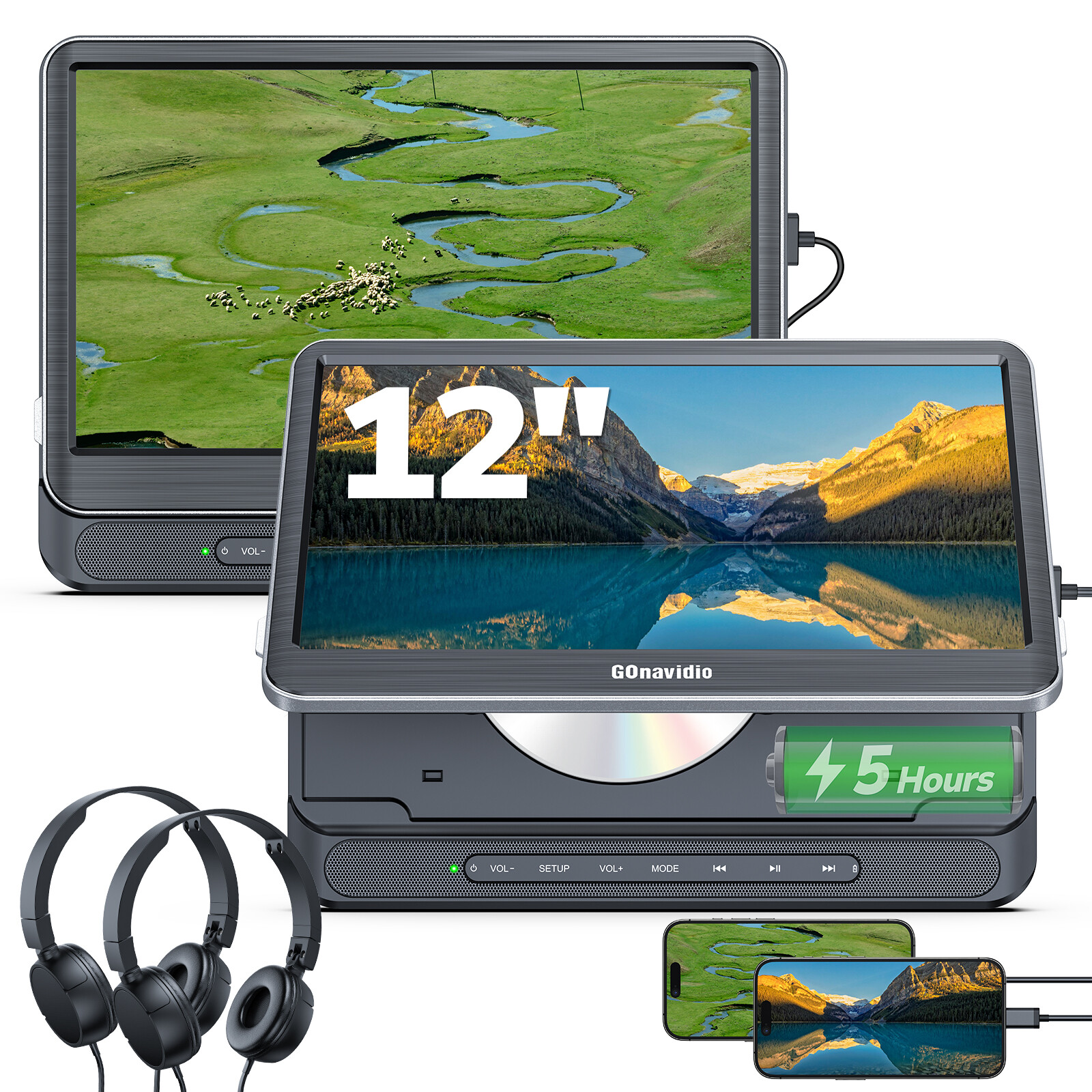 2 x 12 Inch Full HD Car Headrest Monitor TV DVD Media Player USB SD W/ Headsets[