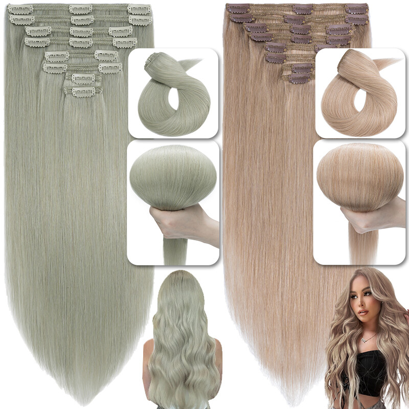 Thick Double Weft Clip In Real Remy Human Hair Extensions Full Head Highlight US