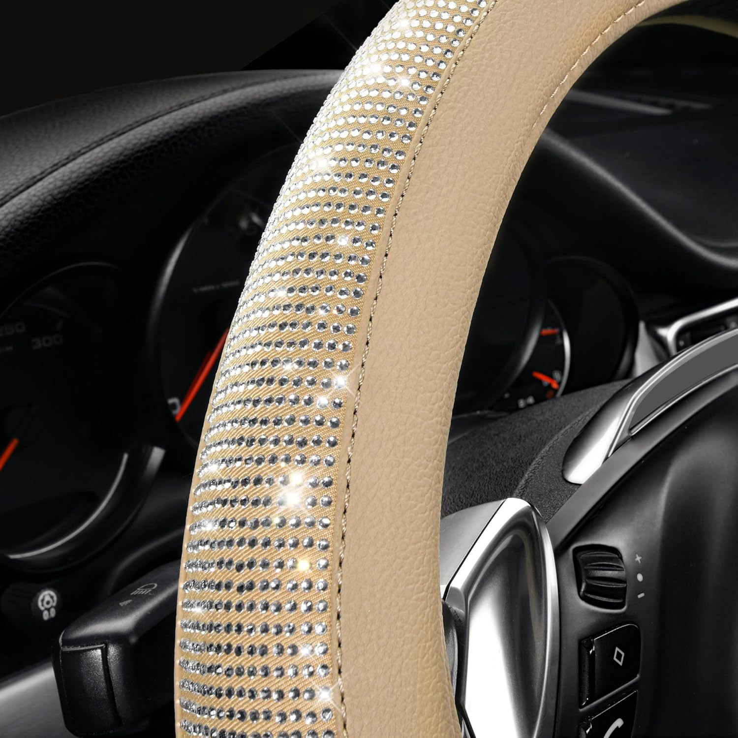 Bling Diamond Beige Leather Steering Wheel Cover, White Sparkly Crystal Glitter