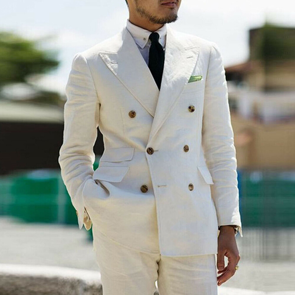 Cream Linen Men Suits Casual Double Breasted Blazer Wide Peak Lapel Groom Tuxedo