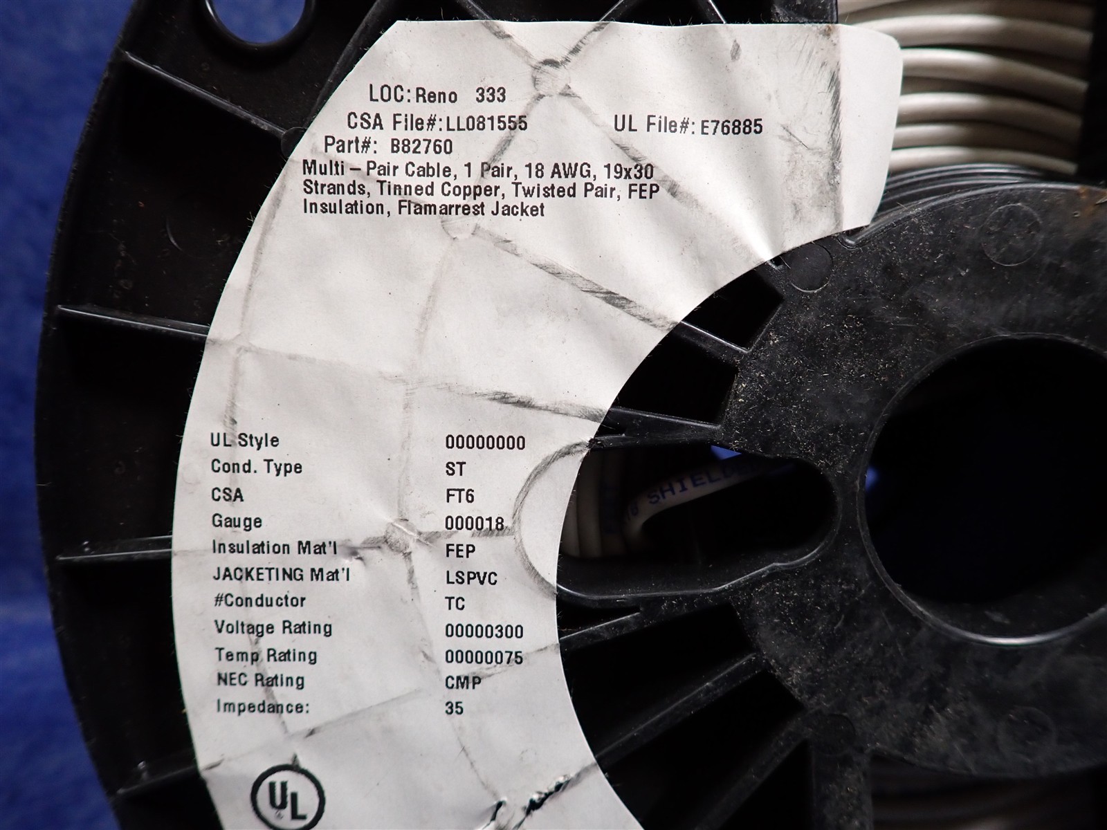 NEW 1000ft Spool of Belden B82760 Cable, 1 Pair, 2-Conductor, 18AWG (S27)