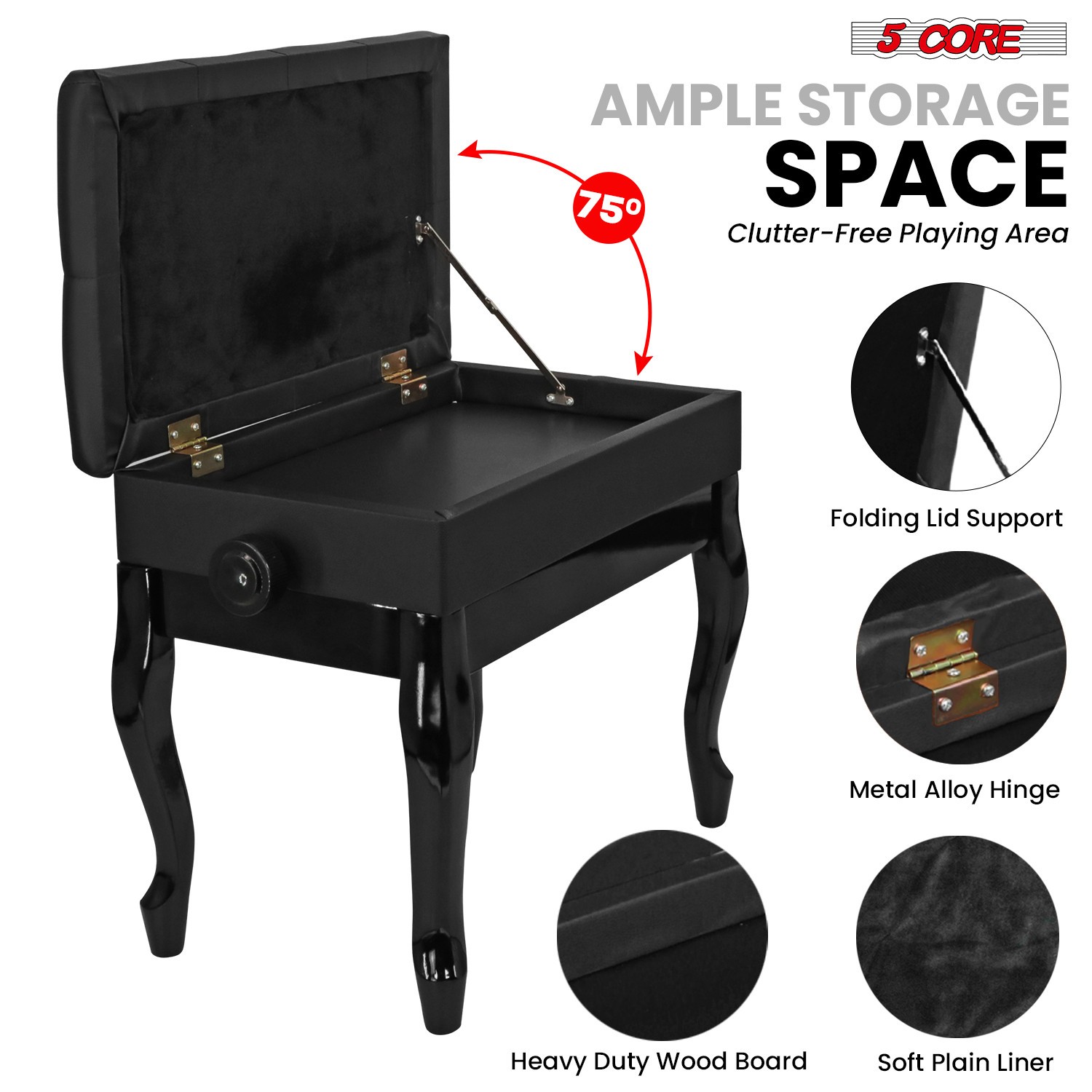 5 Core Piano Bench 3" Padded Cushioned Stool Wooden Heavy Duty Musician Chair