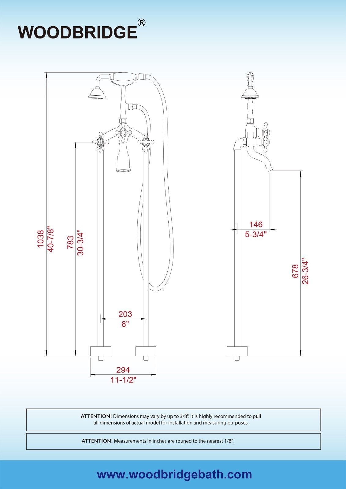 WoodBridge Freestanding Clawfoot Tub Filler Faucet with Hand Shower and Hose