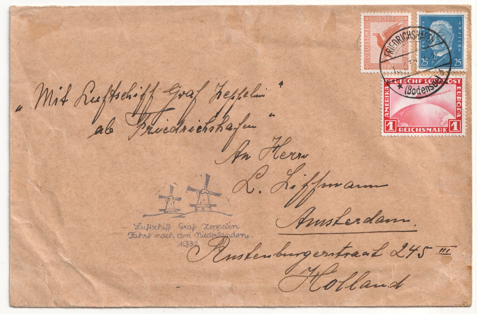 June 1932 Graf Zeppelin Cover Germany Holland Amsterdam SI 164 A C35 LZ 127