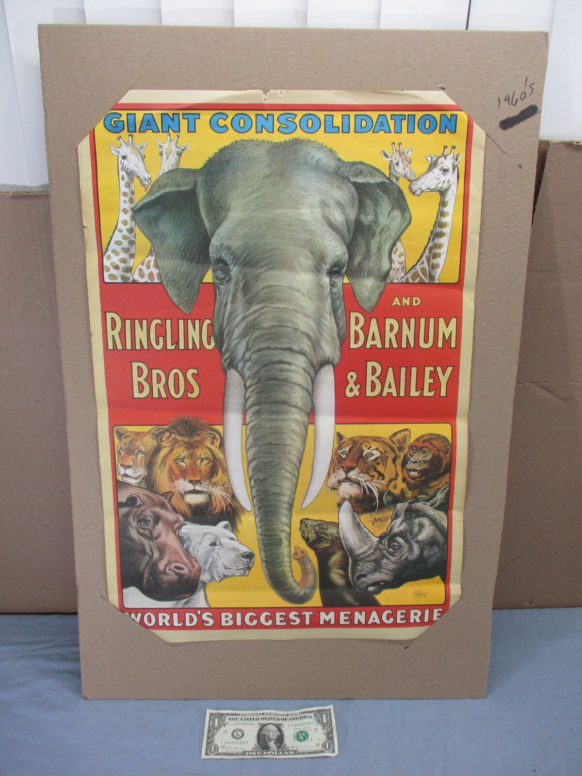 Vtg 1960s Ringling Bros Barnum Bailey Giant Consolidation Circus Animals Poster