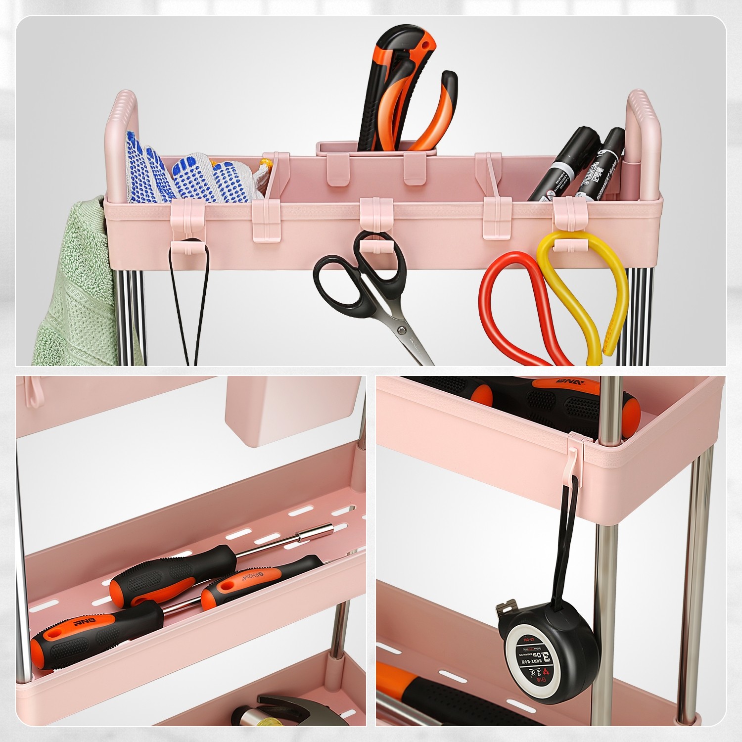 3 Tier Slim Rolling Storage Organizer Cart for Garage Warehouse Kitchen Pink