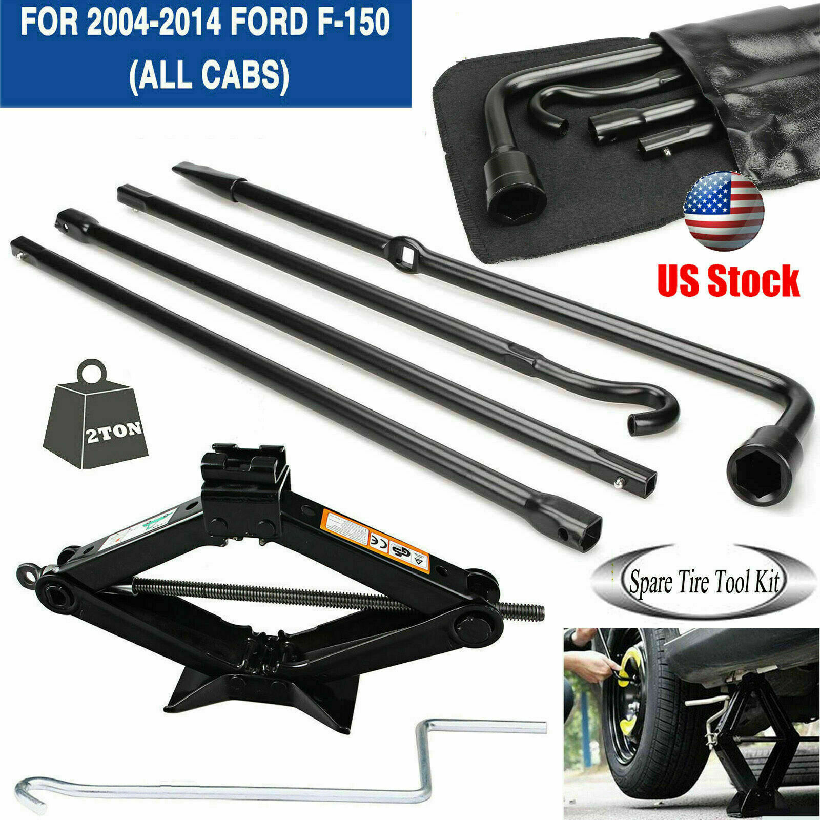 For Ford F150 Spare Tire Jack Tool Kit Pack W/ Case+ 2Ton Scissor Lifting Jack