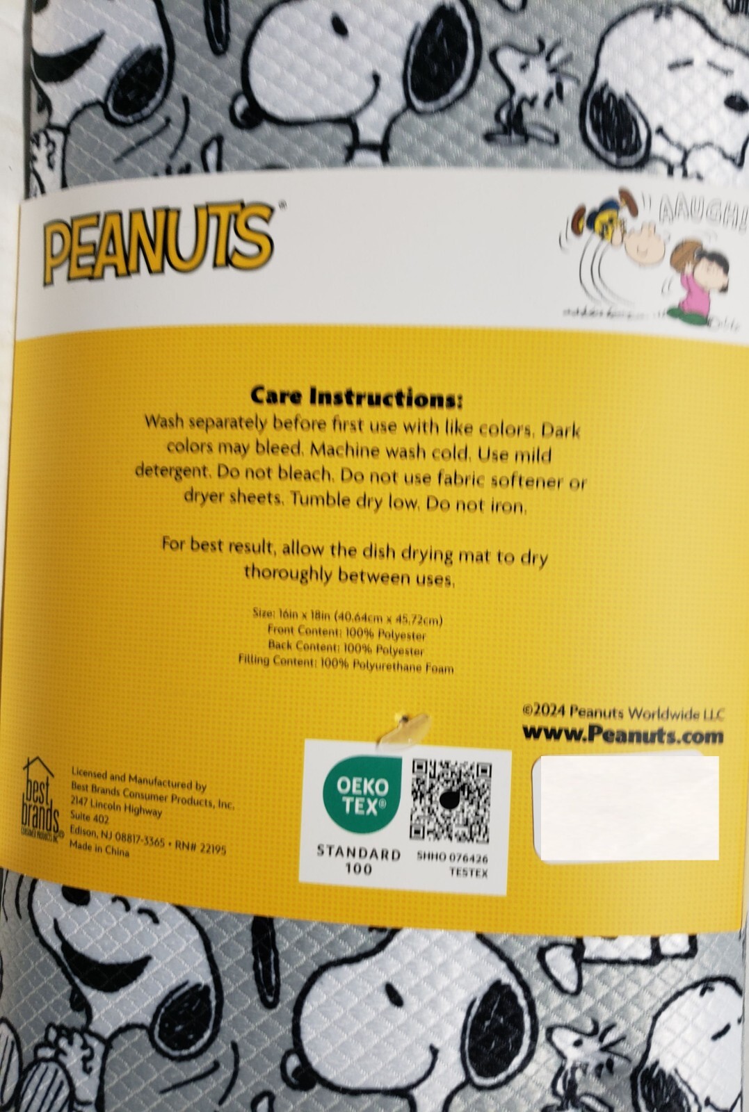 Microfiber Dish Drying Mat(16"x18") PEANUTS BLACK & WHITE SNOOPY DOGS ON GREY,BB