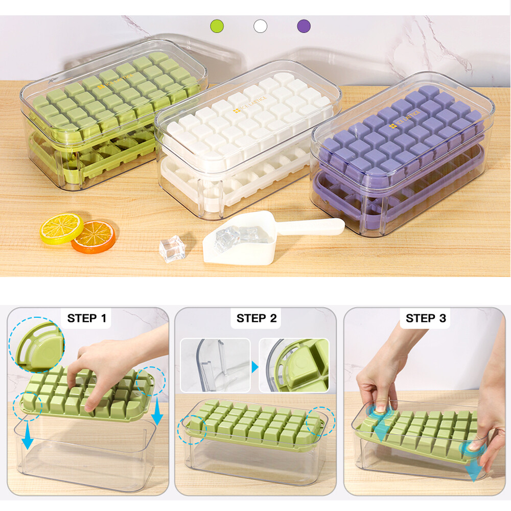 Ice Cube Tray with Lid and Bin & 2 Pack Ice Cube Trays for Freezer 64x Ice Trays