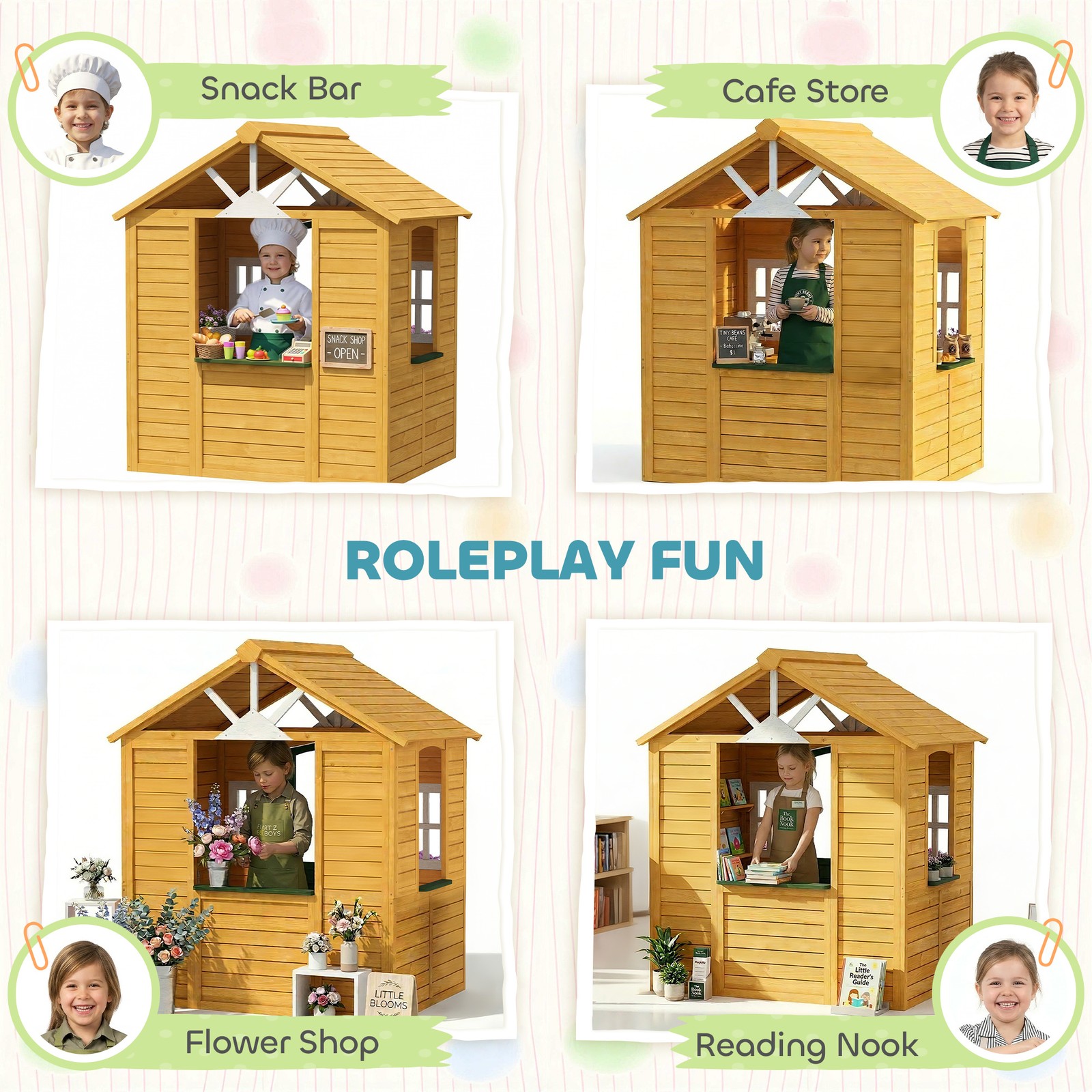 Qaba Outdoor Playhouse, Wooden Kids Playhouse with Door, 2 Flower Boxes