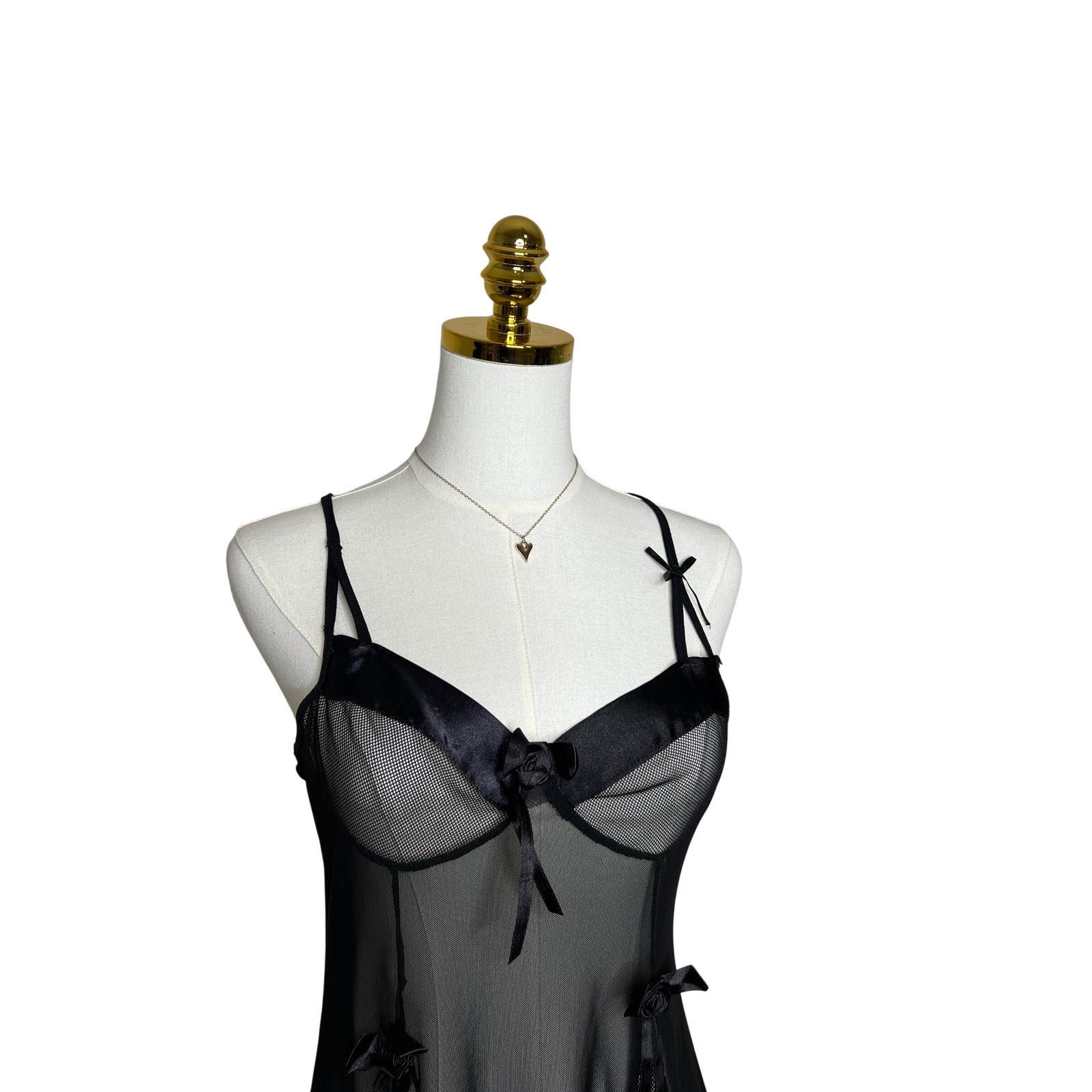 Vintage Style Black Mesh Babydoll Chemise Satin Trim Rosette Bow Lingerie Slip