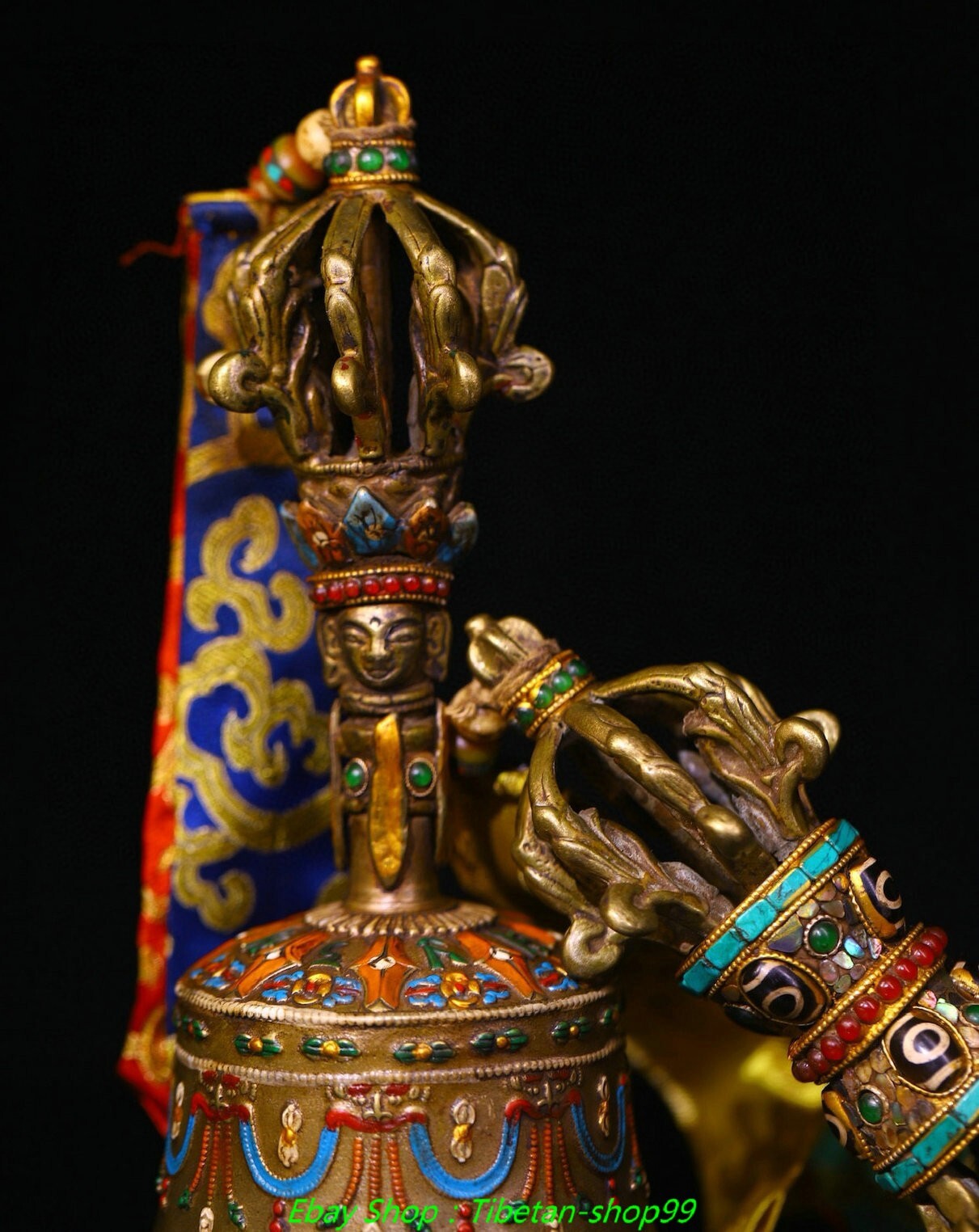8.6''Old Tibet Bronze Painting inlay Dzi Bead Dorje Vajra Bell & Holder Faqi