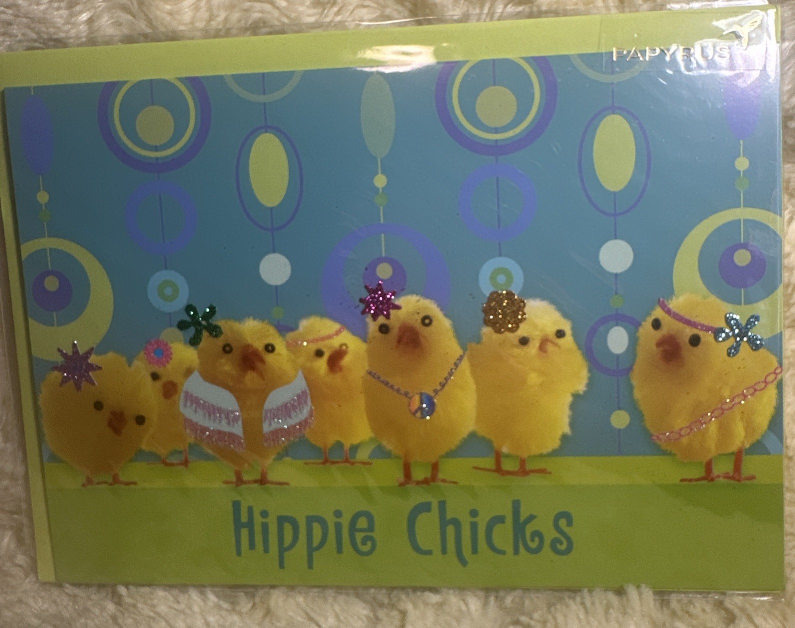 Papyrus Easter Card  Hippie Chicks Peace Glitter Flowers Headbands Mod Groovy