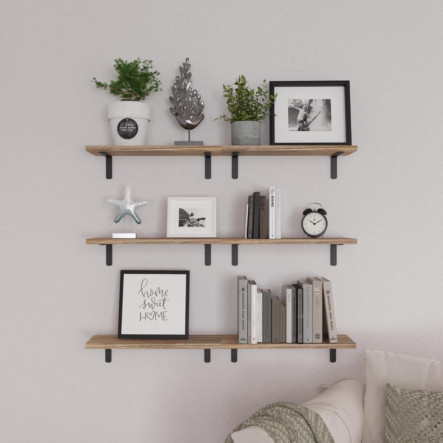 Wood Floating Shelves Set of 6 Shelves for Wall Decor - Rustic Brown