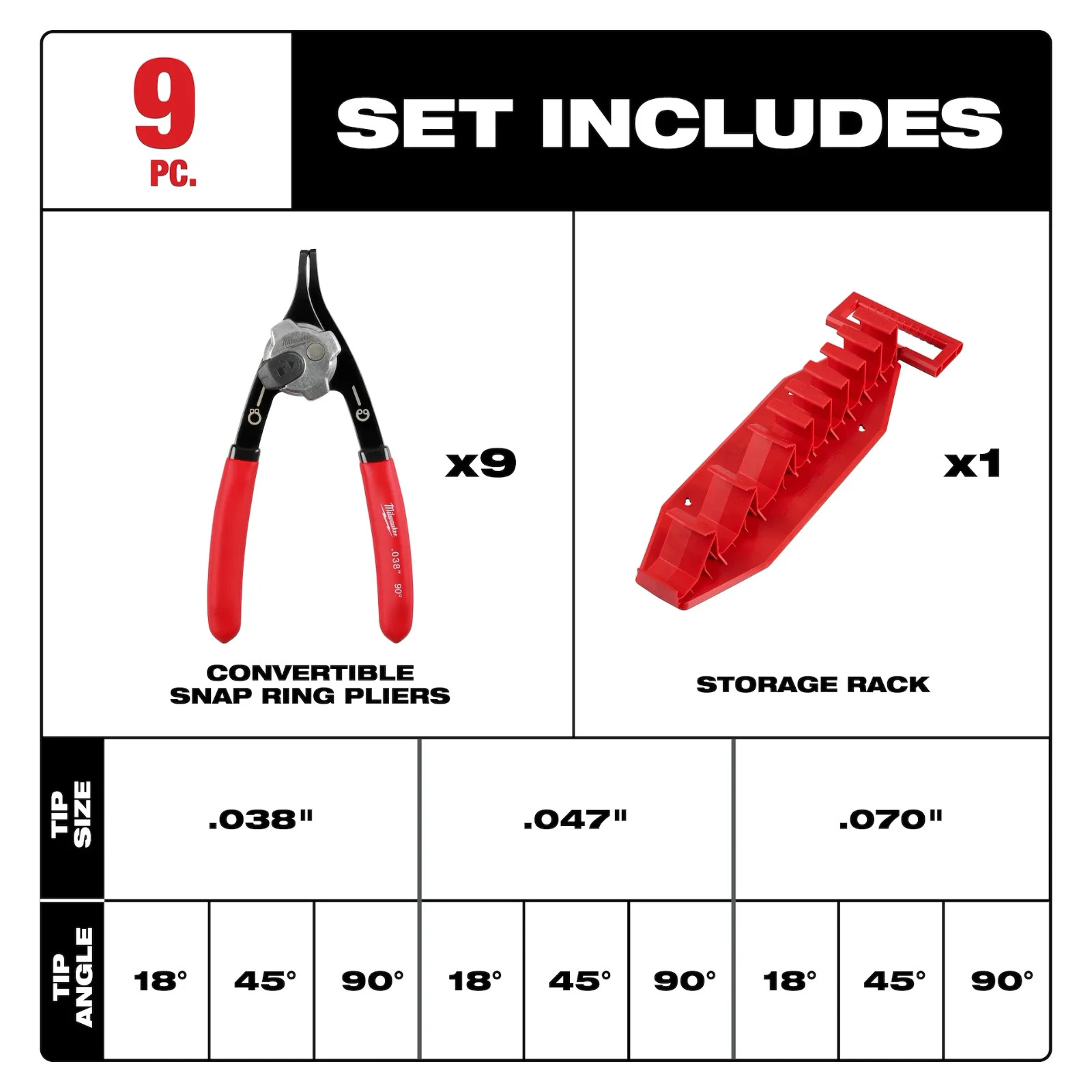 Milwaukee Tool 48-22-6539 9 Pc. Snap Ring Pliers Set AUTHORIZED USA DEALER
