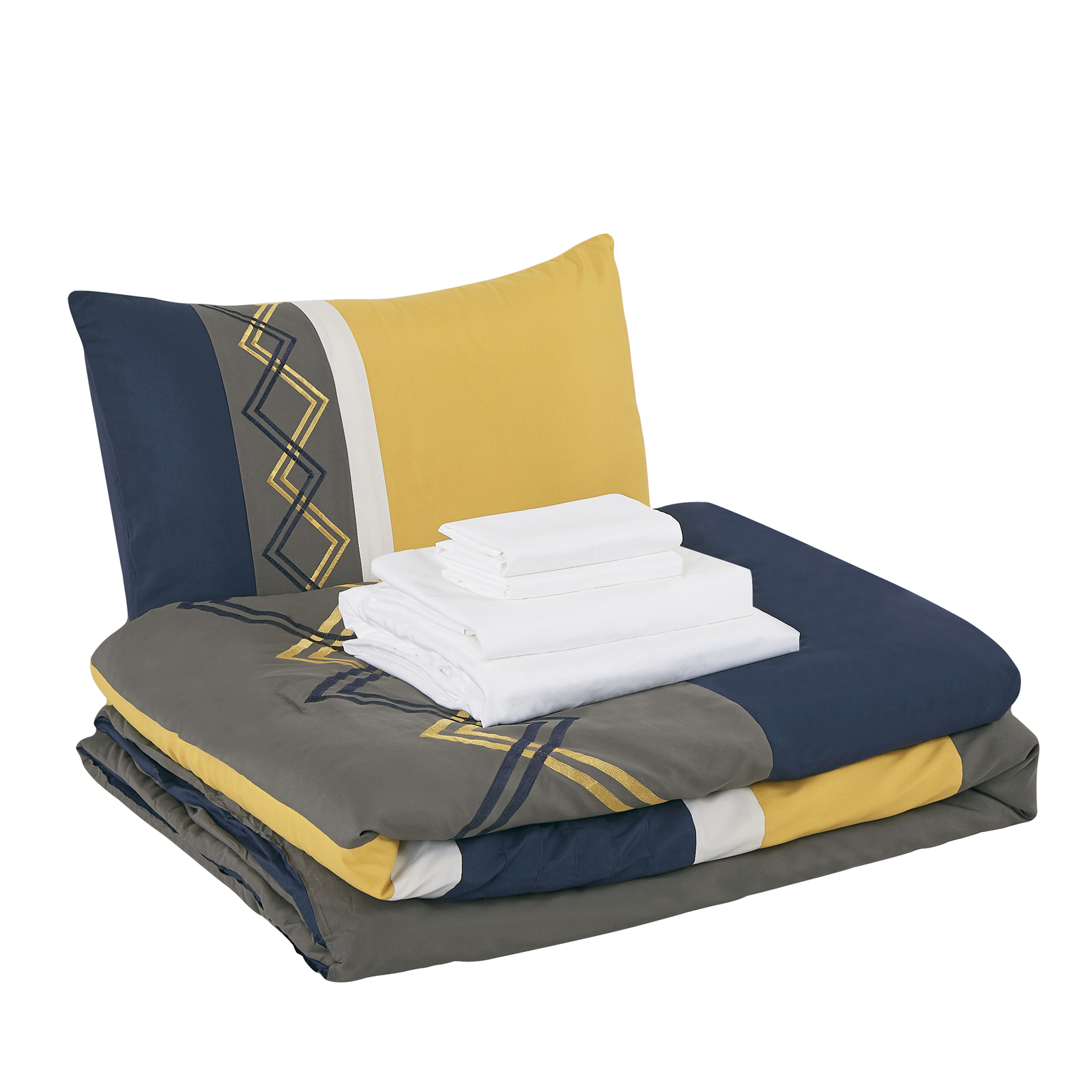 Chezmoi Collection 7-Piece Bed in a Bag Zigzag Embroidery Striped Comforter Set