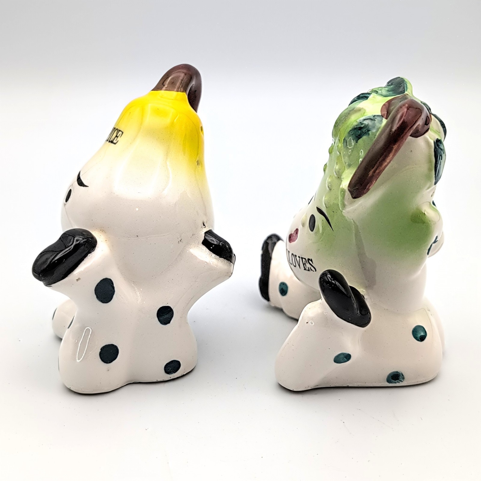 Vtg Japan Anthropomorphic "Allspice" Pear & "Cloves" Pickle Ceramic Spice Shaker