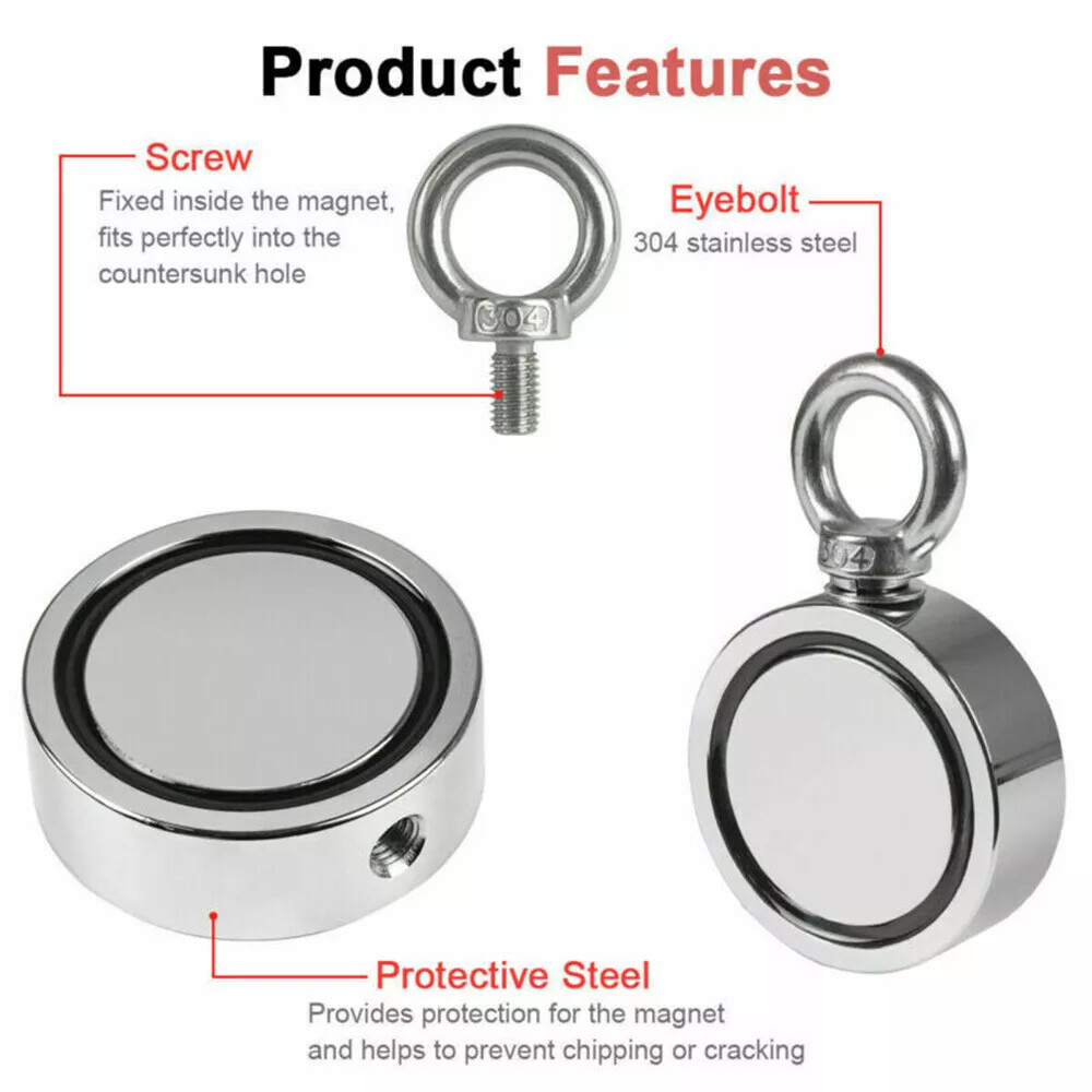 2000 LBS Strong Fishing Magnet Kit Double Sided Pull Force 20m Rope Carabiner