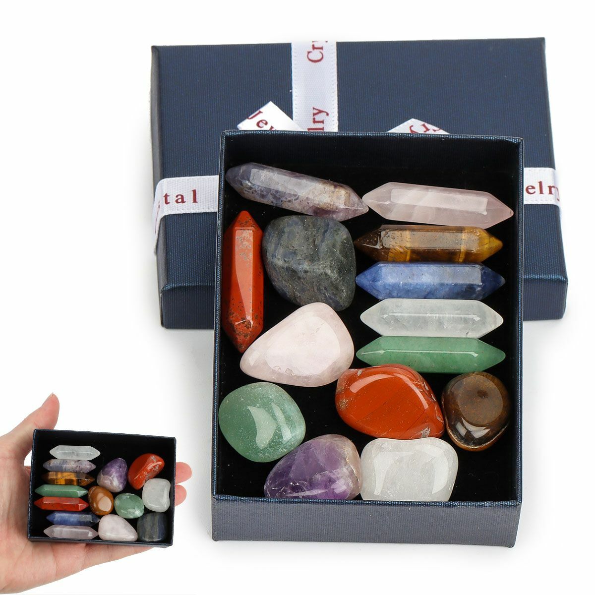 Set of 14 Healing Crystal Natural Gemstone Reiki Chakra Collection Stones w/ Box