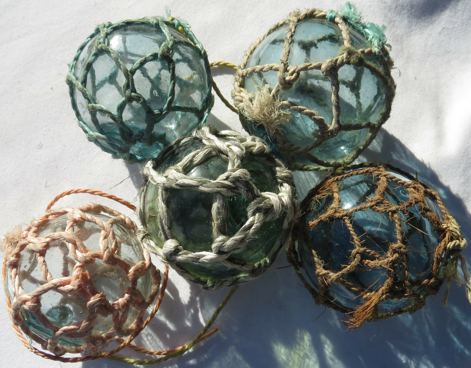 Japanese Glass Fishing FLOATS 3-3.5" Netted (5) FIVE Variable Nets Buoy Vintage