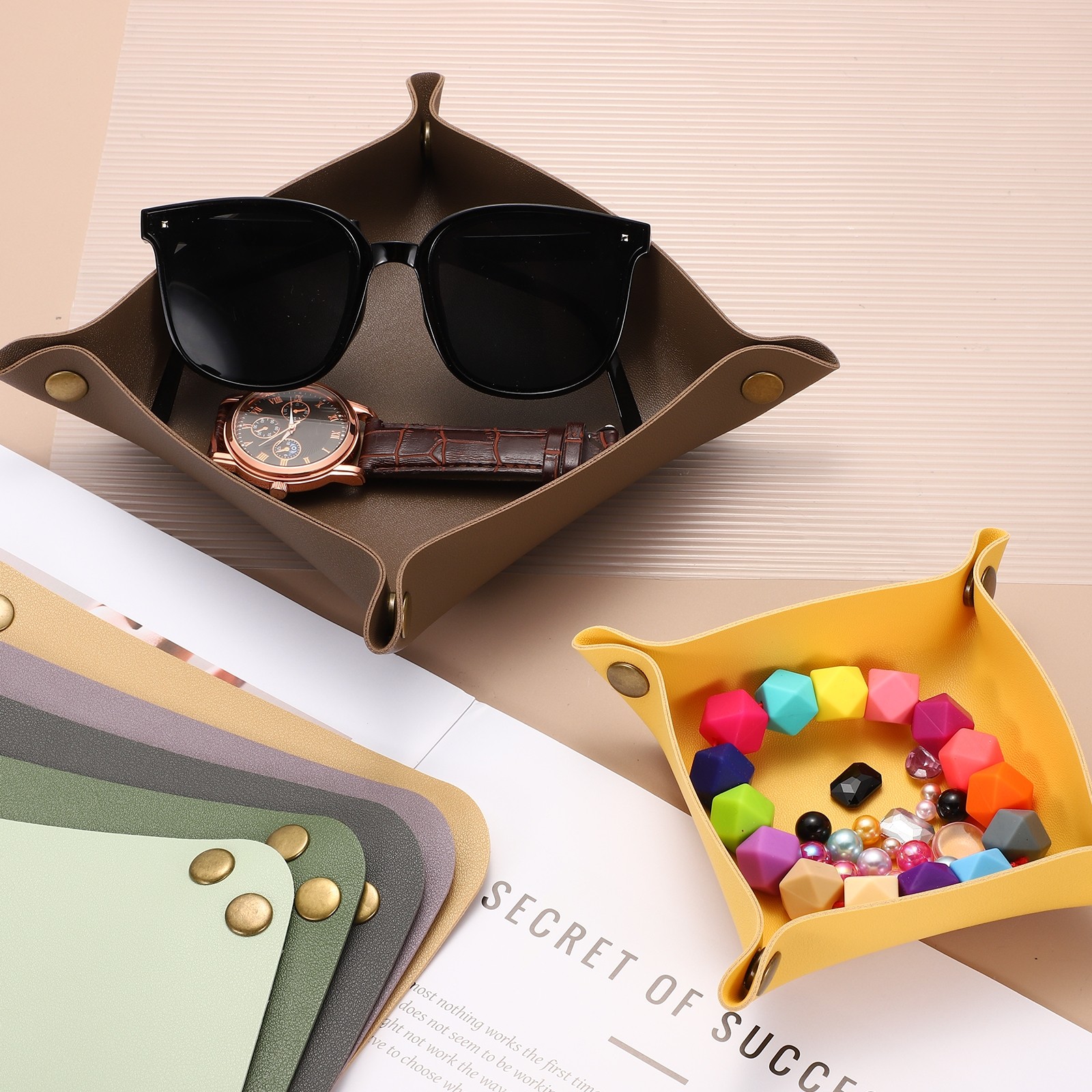 2 Sizes Leather Valet Tray, Folding Jewelry Tray Organizer, Brown