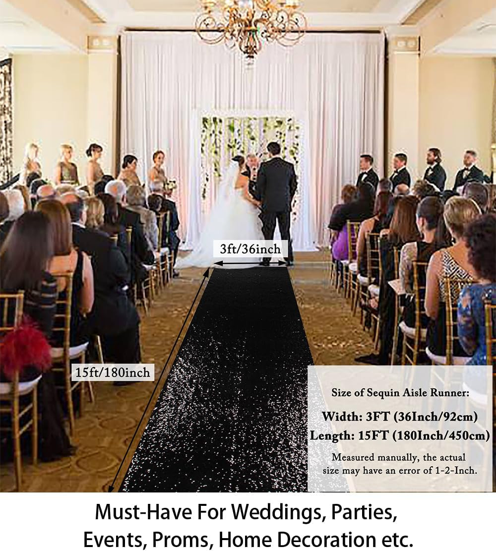 Wedding Carpet Aisle Runner Black 15FT Glitter Sequin Aisle-Runner 36Inchx15Ft B