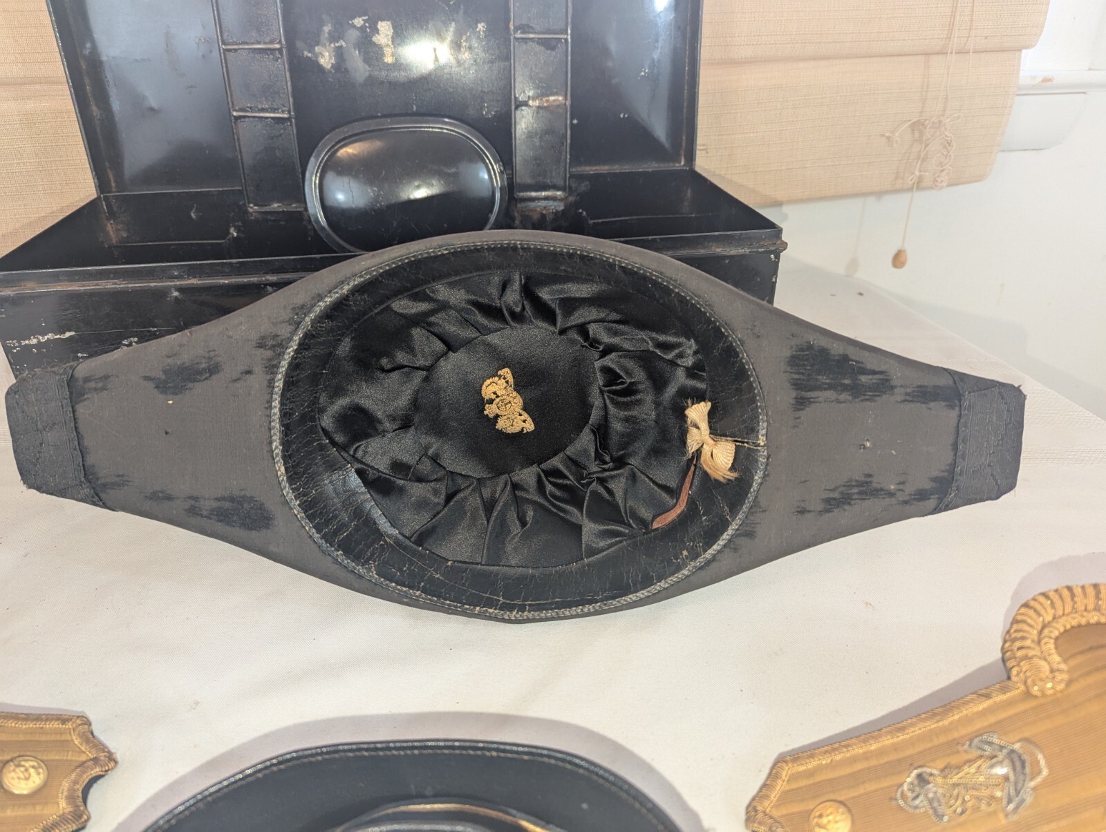 19th Cent. US Navy Officers Hat w/ Epaulettes & Belt in Tin Case Original!