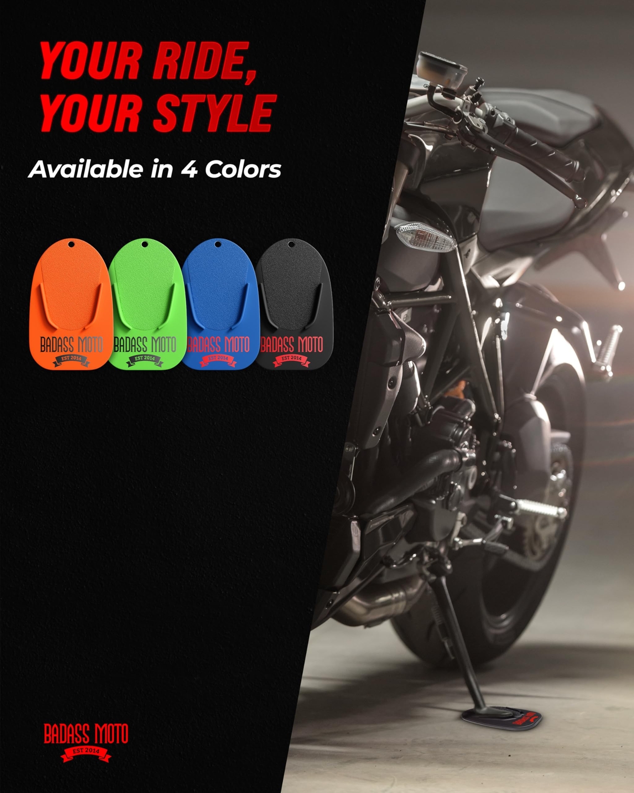 Motorcycle Kickstand Pad - Black - Rugged Kick Stand Coaster/Support Plate