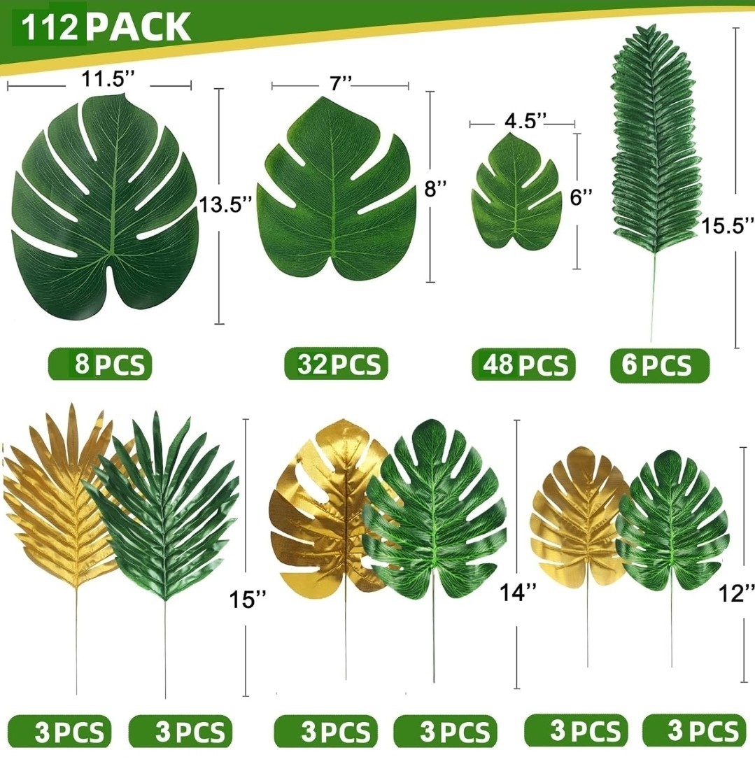 112 Pieces 10 Kinds Artificial Palm Leaves Golden Tropical Leaves with Stems Jun