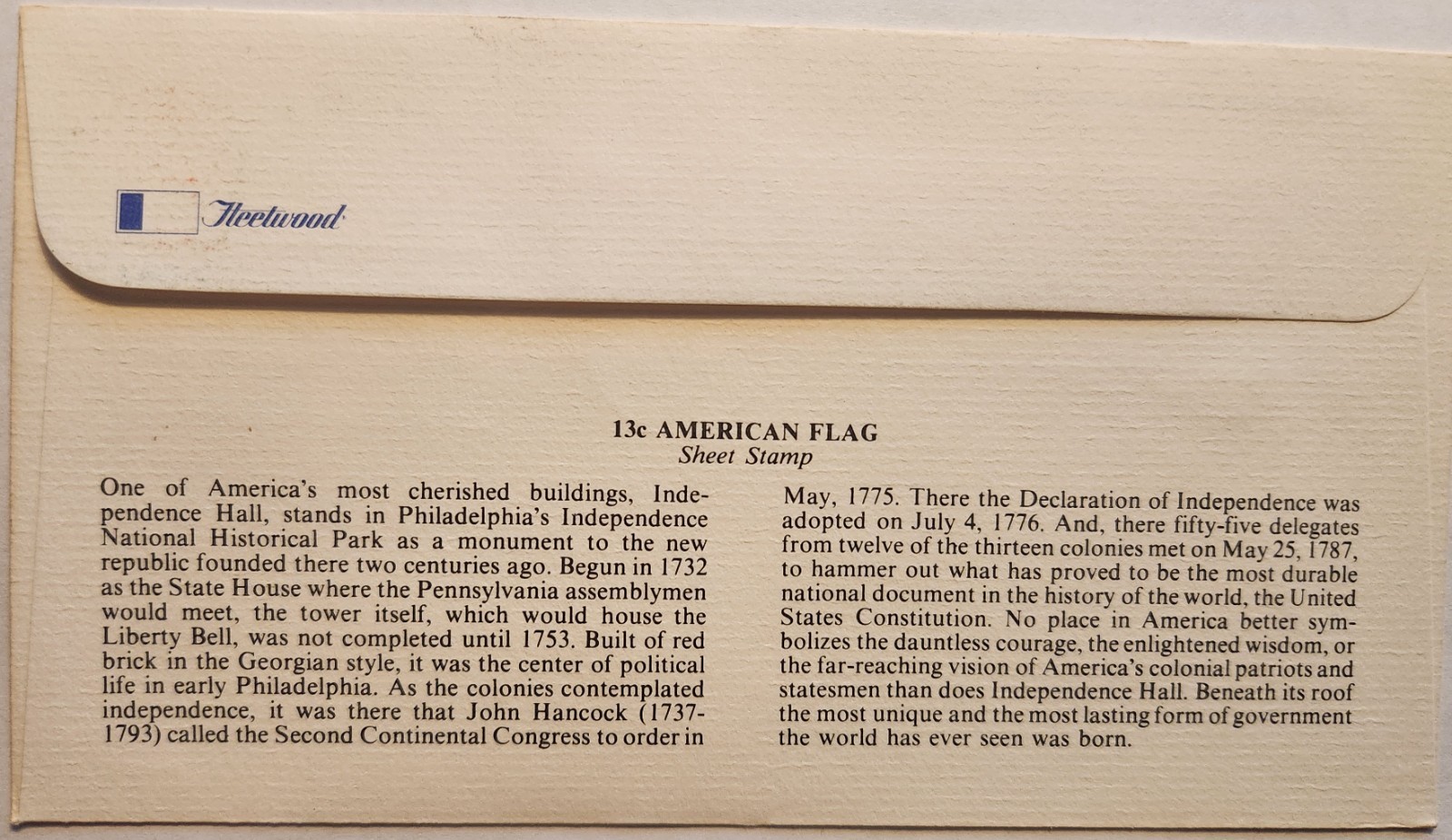 1975 US Postage - SCOTT 1622 - 13 CENT - FLAG OVER INDEPENCE HALL- FDC Fleetwood
