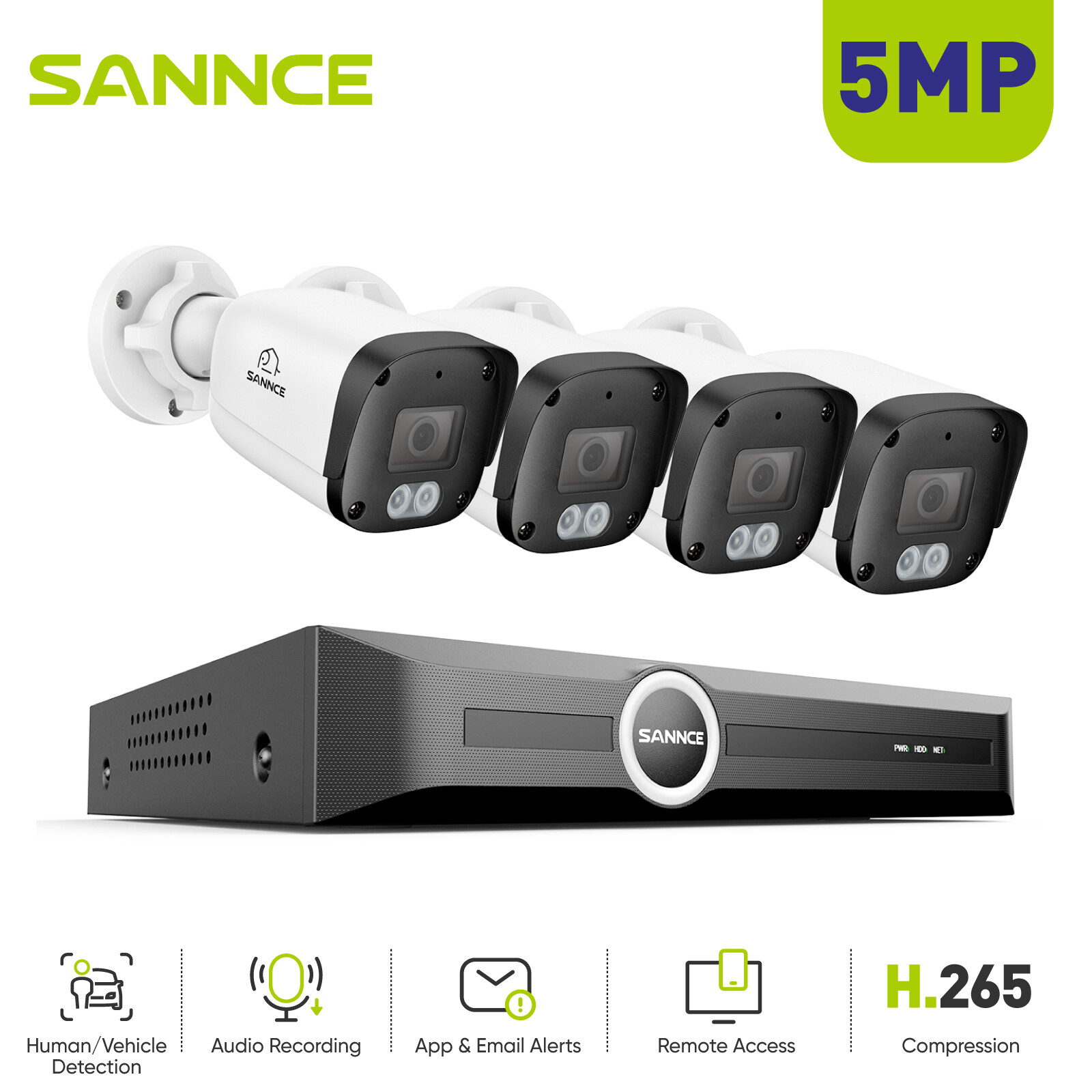 SANNCE 8CH NVR 5MP POE Security Camera System Audio Recording Outdoor AI Motion