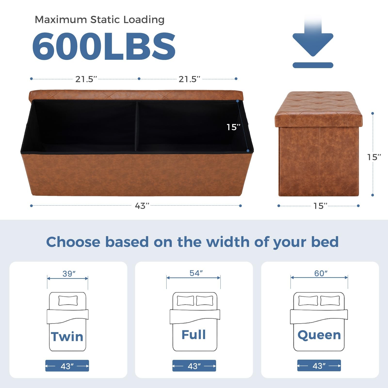 Foldable Storage Ottoman Bench 43in, Foot Rest Stool, Synthetic Leather Stora...