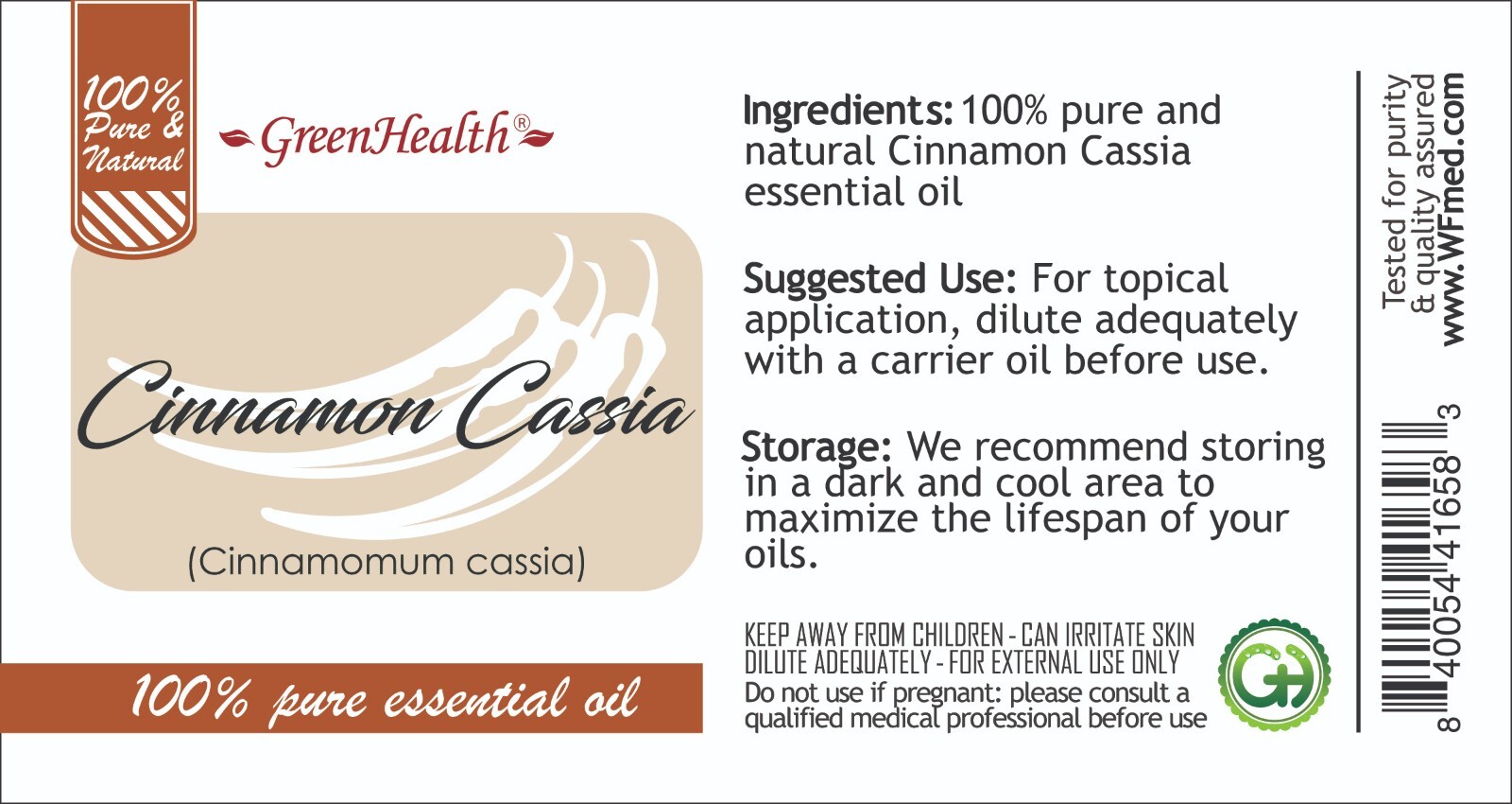 GreenHealth Cinnamon (Cassia) Essential Oil 100% Pure Many Sizes Free Shipping