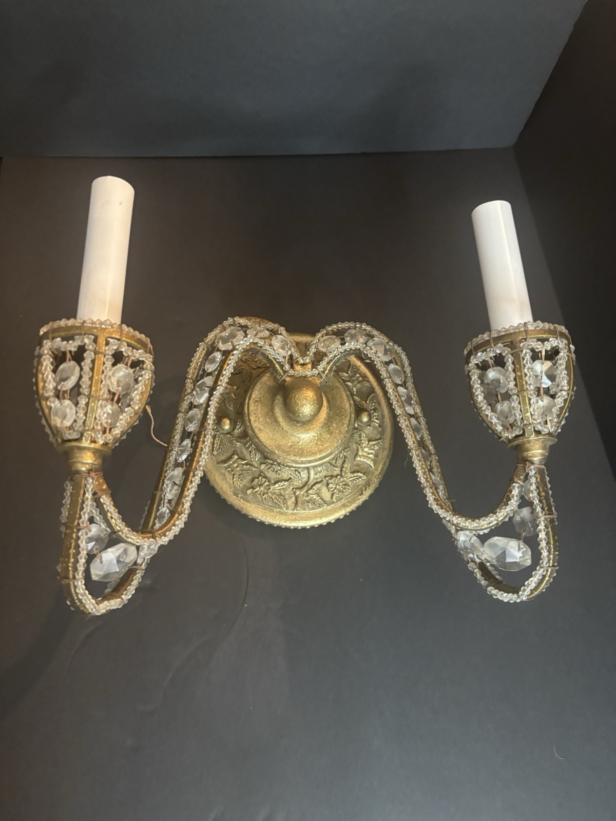 Pair Double Arm Wall Sconces Crystals Beaded Antique Style