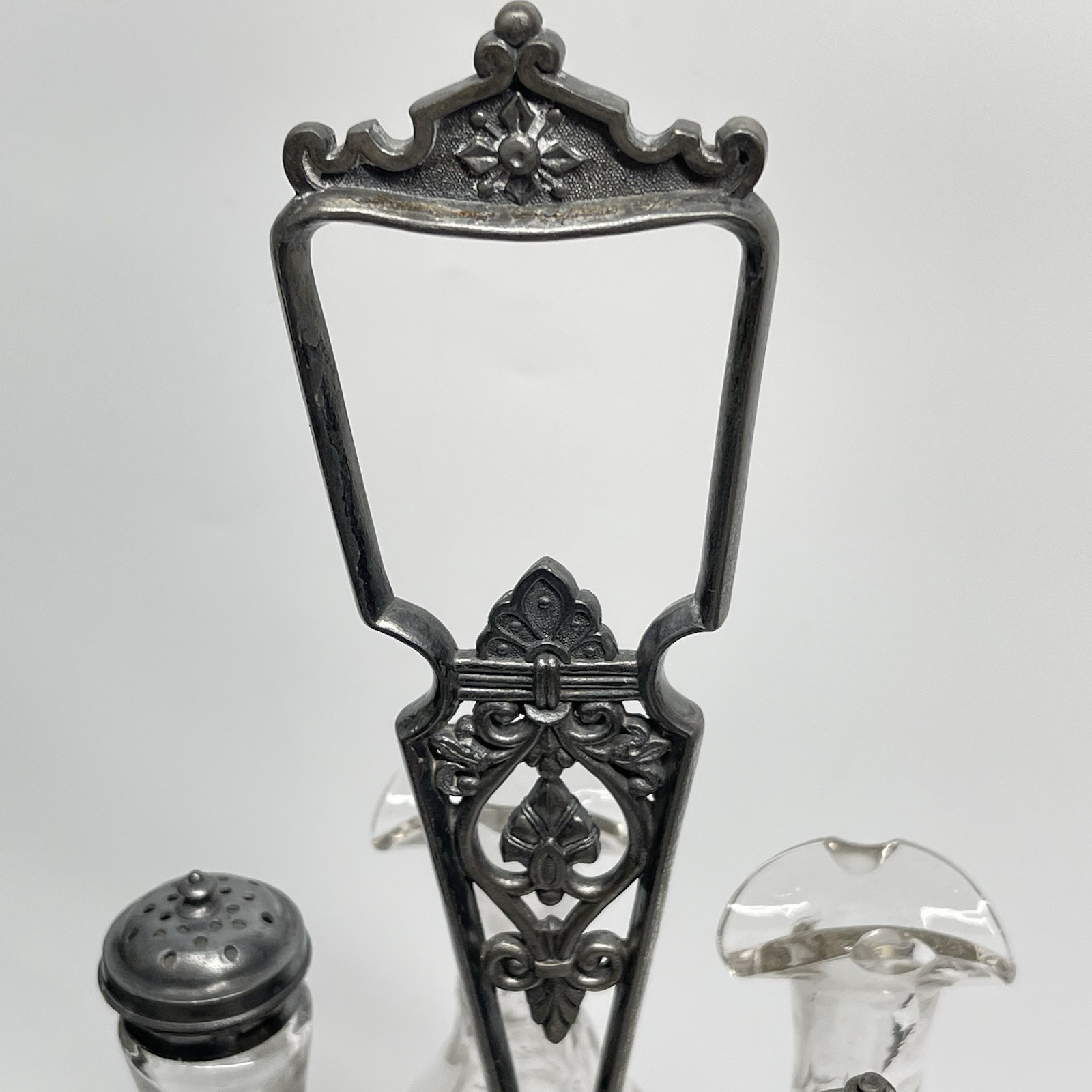 Antique 1800s Hall Elton Cruet Set Condiment Caddy Victorian Era Etched Glass